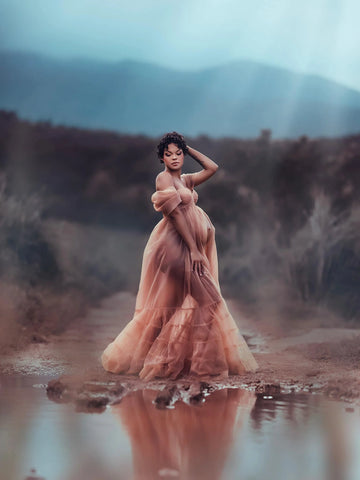 Mqtime Nude Pink See Thru Maternity Dress for Photoshoot Tiered Tulle Pregnant Women Photography Dresses robe grossesse Shooting Photo